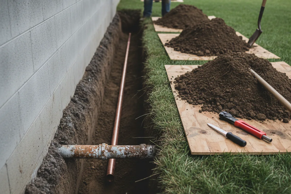 Excavated water line trench during Water Softener Installation in Conowingo